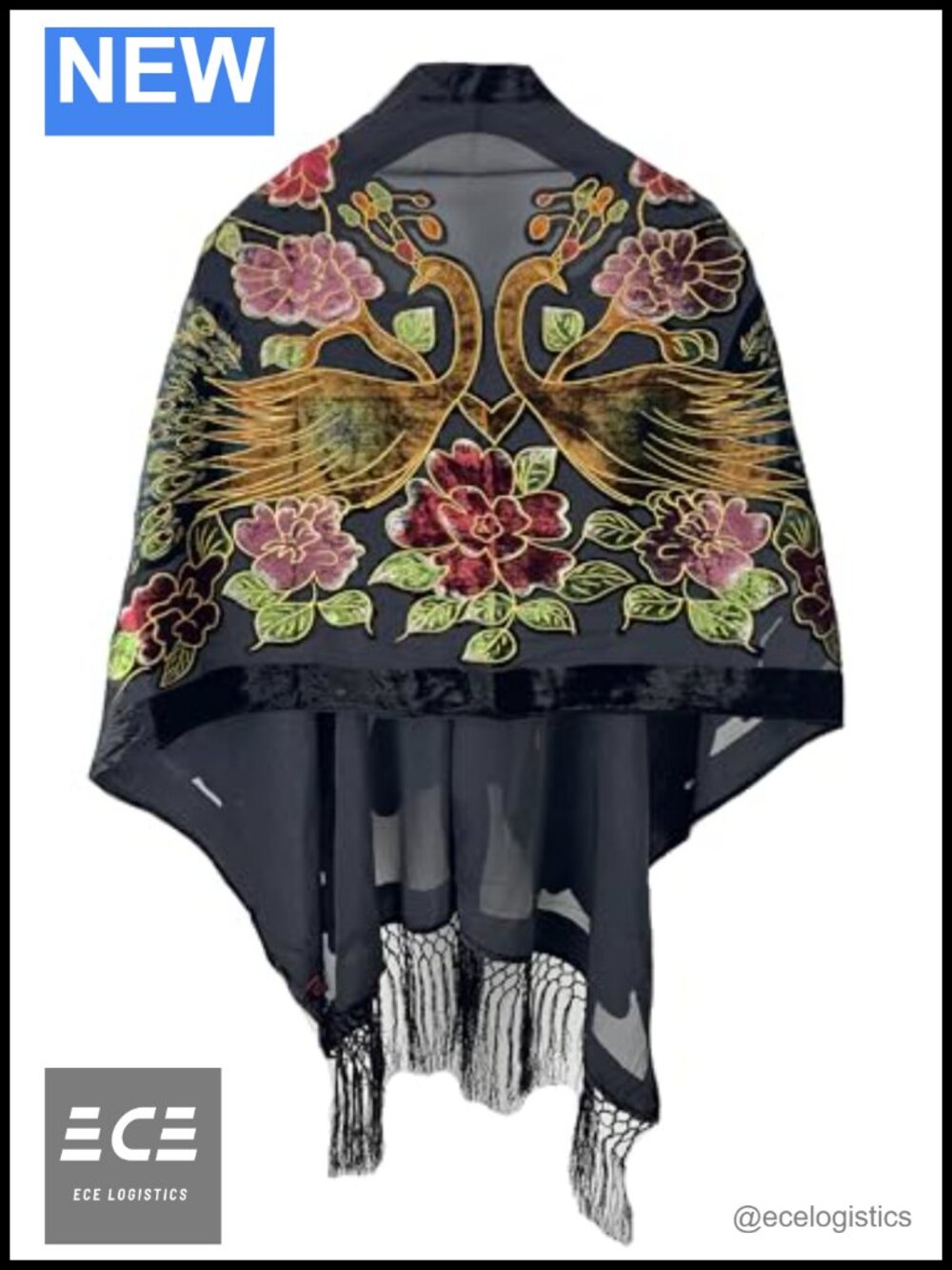 Velvet Peacock Shawl with Fringe Beaded Handmade Wraps for Women